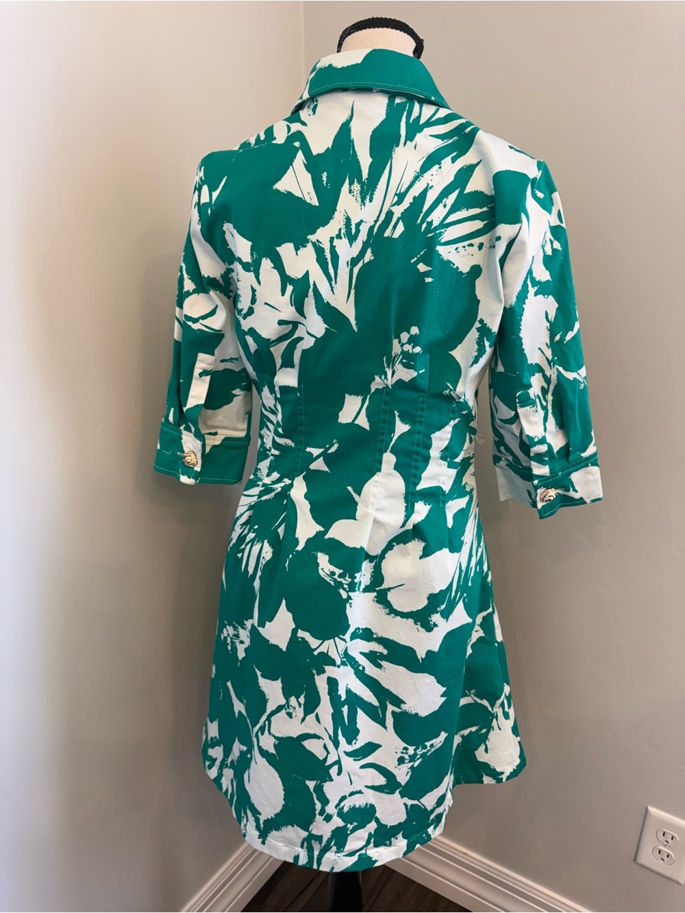 Anne Klein 4P Green White Floral Shirt Dress Petite Button Front Stretch Cotton - Picture 12 of 13